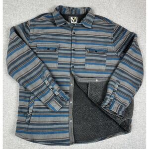 Voyager Jacket Mens XL Gray Blue Sherpa Lined Fleece Shacket Western Stripe